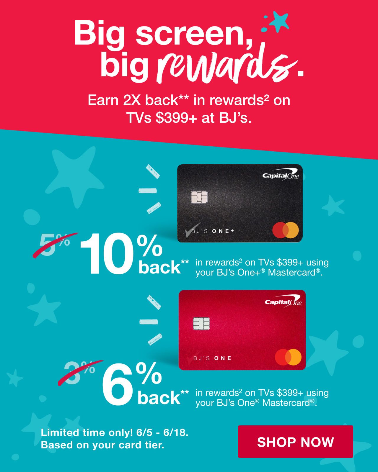 Big screen, big rewards. Earn 2x back** in rewards(2) on TVs $339+ at BJ's. Limited time only! 6/5-6/18. Based on your credit tier. Click to shop now
