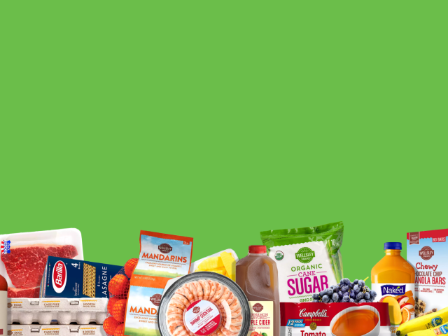 Grocery products assortment, including Wellsley Farms and others, with a green background.