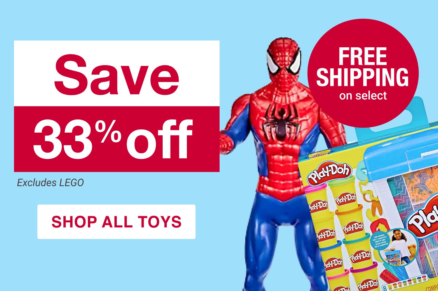 Toys category. Buy one get one 50% off. Play-doh and a Spider-Man action figure.
