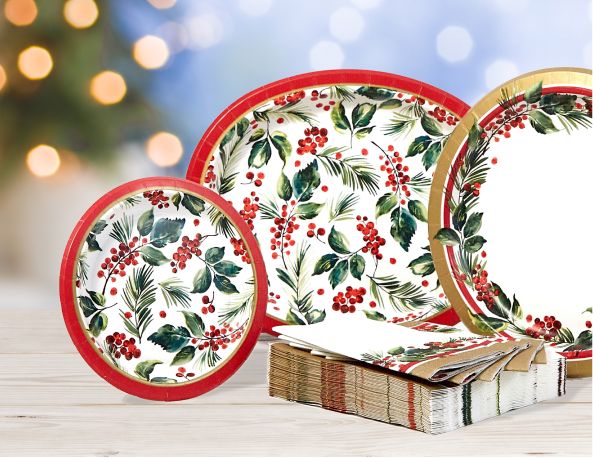 A set of disposable holiday decorated tableware including plates and napkins