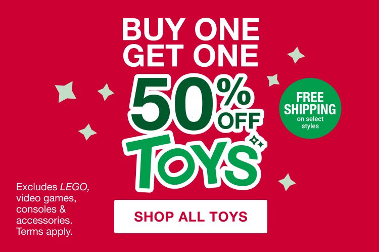 Toys category. Buy one get one 50% off.