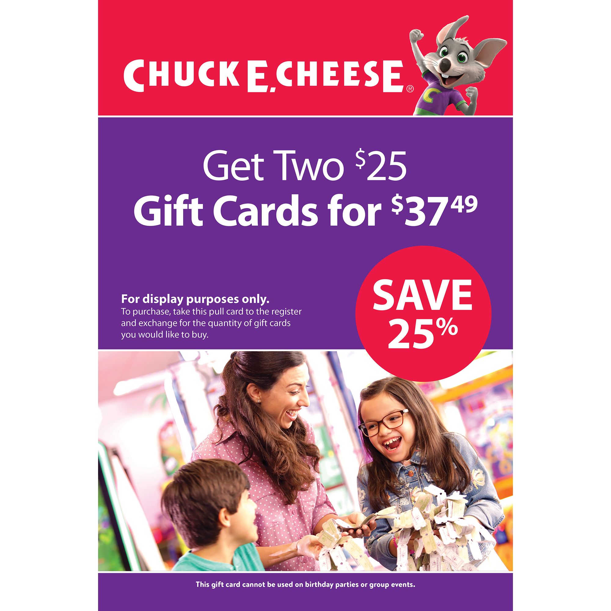 Chuck E. Cheese Four Restaurant $25 E-Gift Cards
