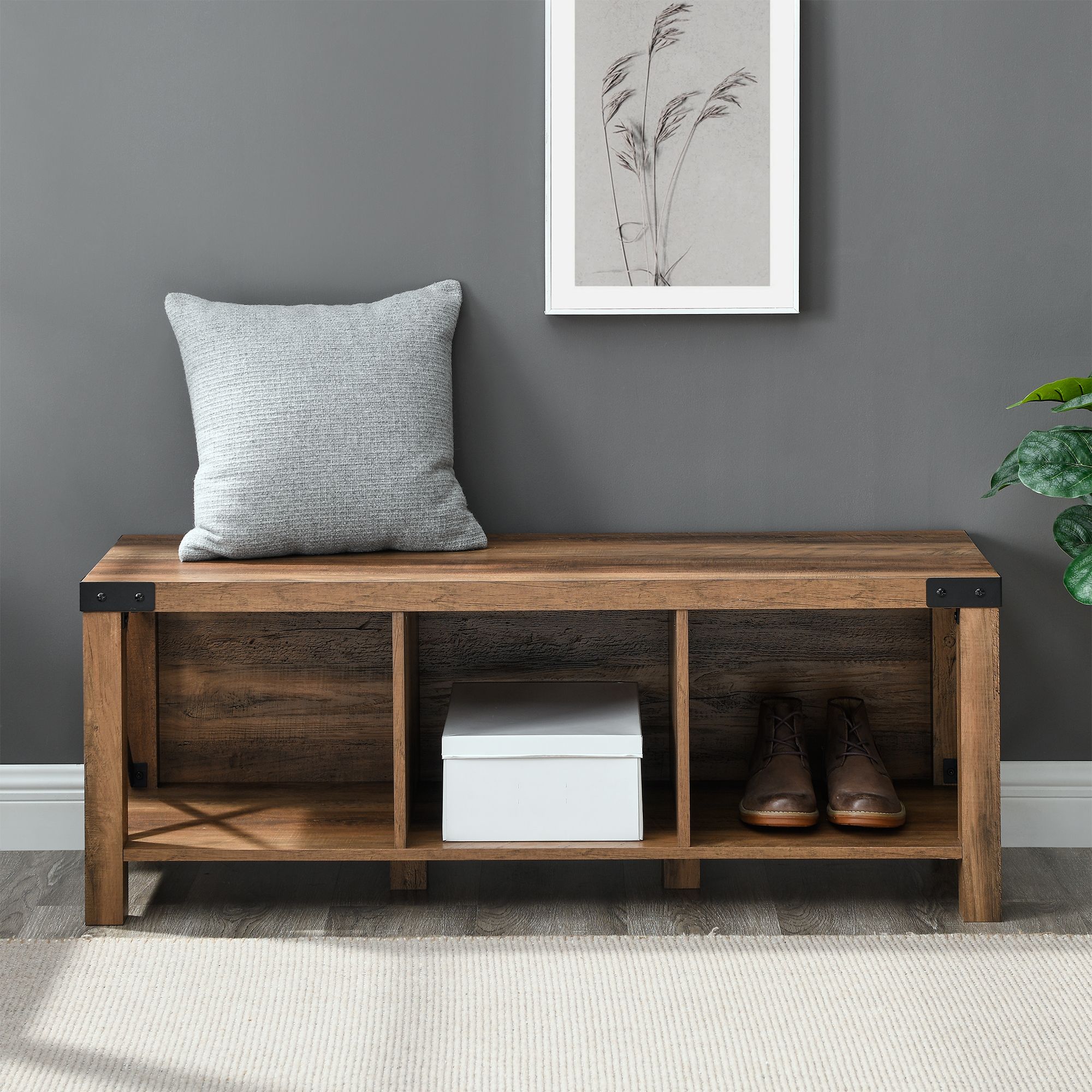 Gray Wash Entryway Bench and Storage Bins