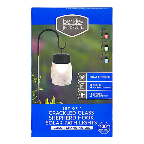 Berkeley Jensen 3-Lumen Solar Color-Holding Shepherd's Hook Pathway Lights, 4 pk. - Crackled Glass