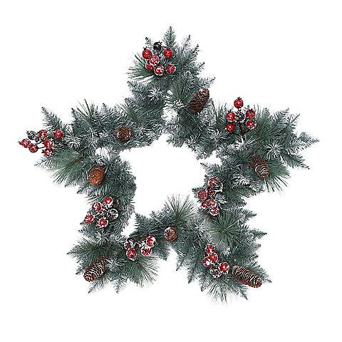 Puleo International 30" Sterling Pine Star-Shaped Artificial Wreath with Pine Cones, Red Berries and Silver Glitter