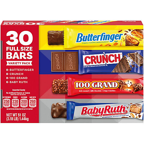 Butterfinger, Crunch, 100 Grand & Baby Ruth Assorted Chocolate Bar Variety Pack, 30CT