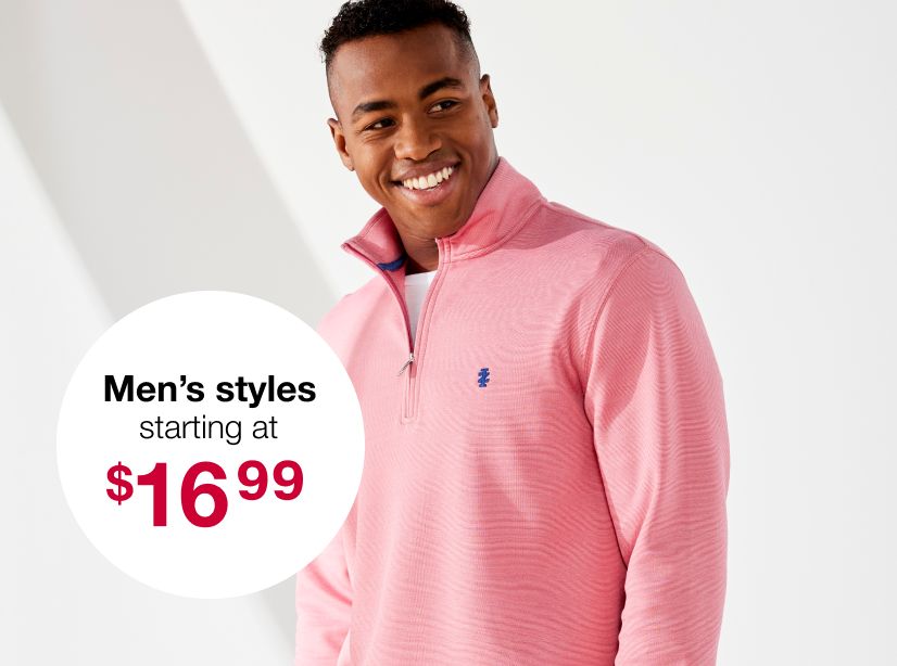 Text: Sweaters and fleece starting at $12.99