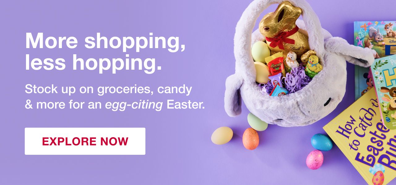 More shopping, less hopping. Stock up on groceries, candy & more for an egg-citing Easter. A rabbit-shaped Easter basket is shown full of candy and eggs alongside children