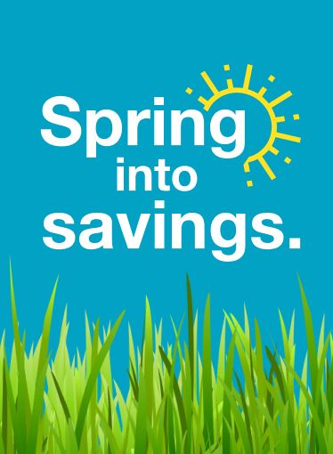 Spring into savings title on a blue sky background above green grass
