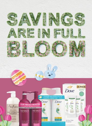 Savings are in full bloom. An assortment of Dove products beneath a pink ribbon with flowers