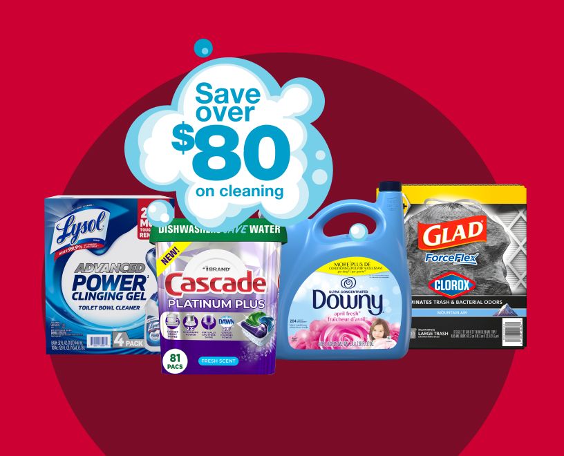 Save over *80 on cleaning. Picture shows assortment of cleaning products.