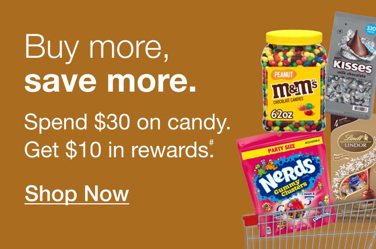Buy more, save more. Spend $30 on candy. Get $10 in BJ's rewards#. Click to shop now