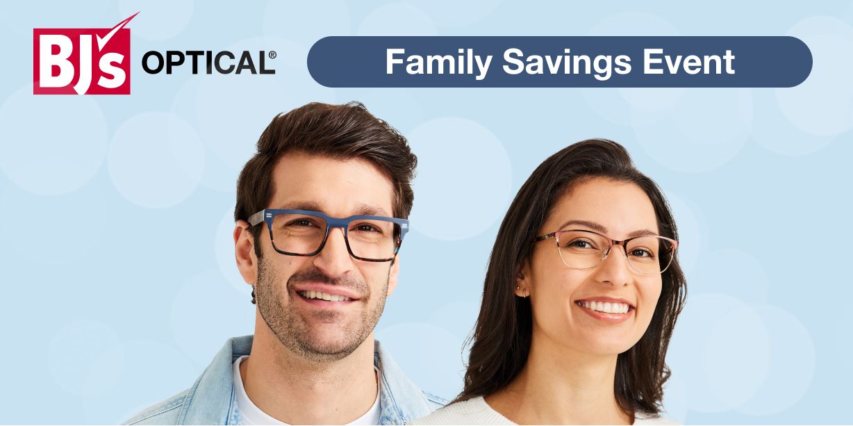 BJs Optical. Family Savings Event. Image shows a husband and wife both wearing glasses
