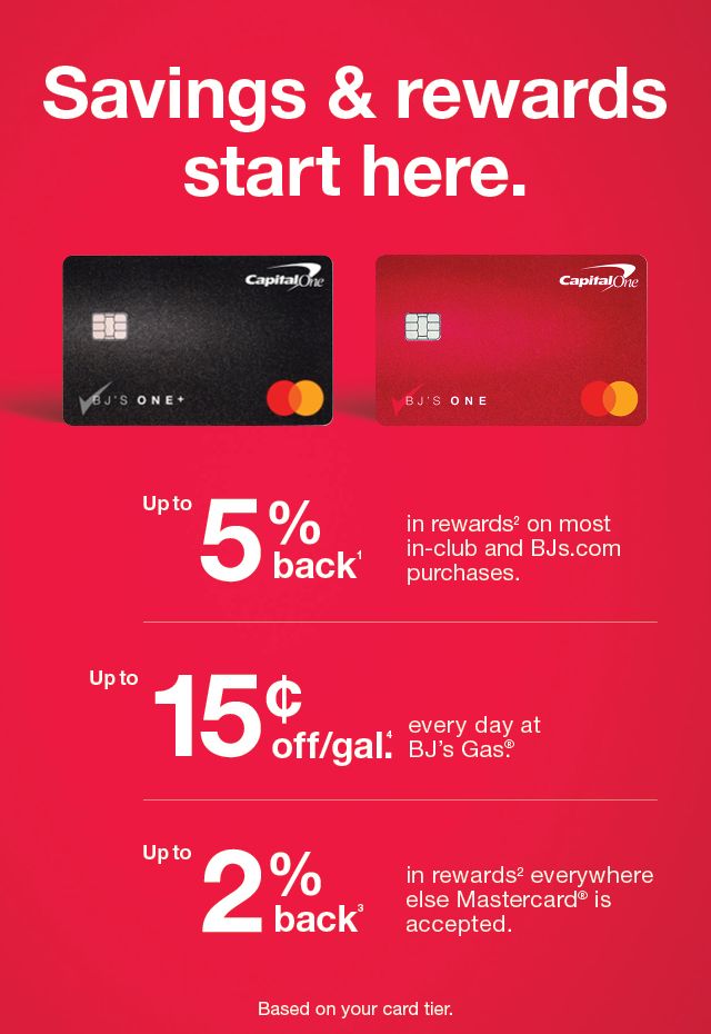 Savings and rewards start here. Up to 5% back in-club and BJs.com, up to 15 cents off per gallon, and up to 2% back everywhere else. See below for details.