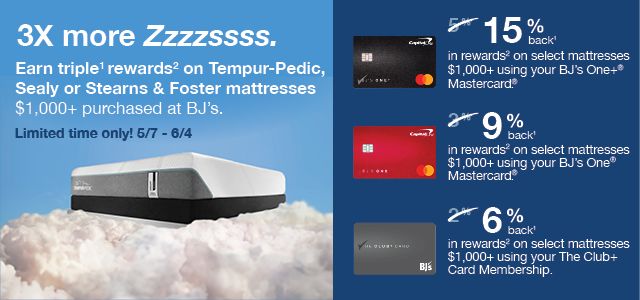 Earn triple rewards on Tempur-Pedic, Sealy or Stearns & Foster mattresses $1000 purchased at BJ's. Limited time only! 5/7-6/4. Shop now.