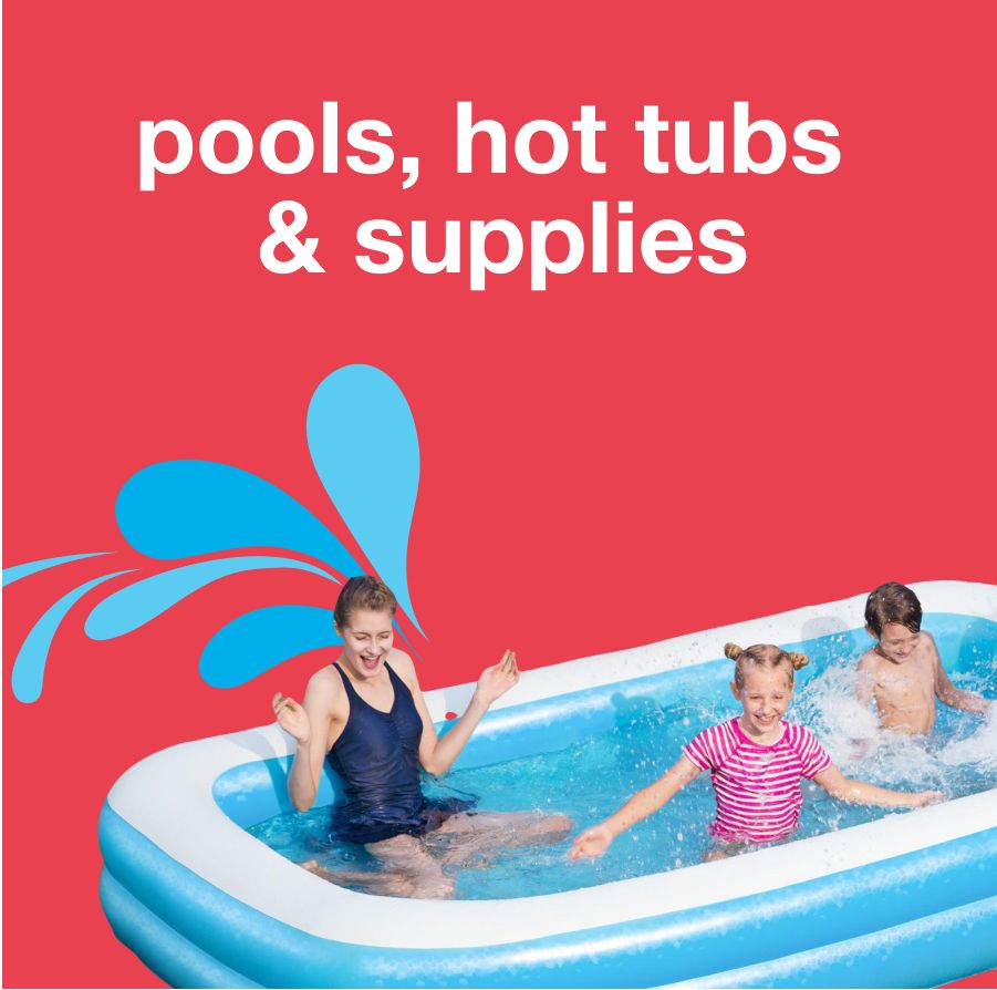Text: pools, hot tubs and supplies