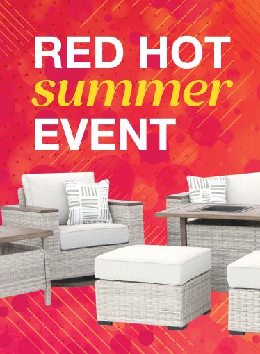 Red hot summer event! A grey-white wicker patio set in-front of a spicy patterned red background