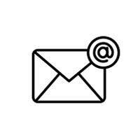 Icon of an envelope with an email symbol (@) on it, in black outline style.