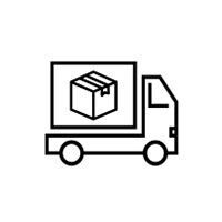 Icon of a delivery truck with a package symbol on it, in black outline style.