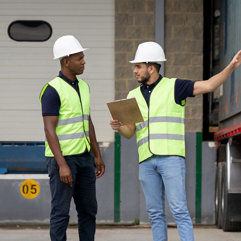 Image: Two workers wearing high-visibility vests and white hard hats standing next to a truck and discussing in a loading dock area.