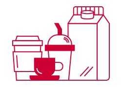 Icon of various beverage containers, including coffee cups and a juice box, in red outline style.