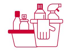 Icon of cleaning supplies, including a spray bottle, a detergent bottle, and a bucket, in red outline style.