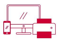 Icon of various electronic devices, including a computer monitor, a laptop, and a smartphone, in red outline style.