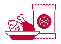 Icon of frozen food items, including a fish, a drumstick, and a bag with a snowflake symbol, in red outline style.