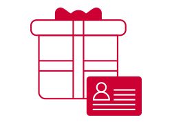Icon of gift items, including a wrapped gift box and a gift card, in red outline style.