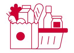 Icon of grocery items in a paper bag and a basket, including bread, milk, and vegetables, in red outline style.