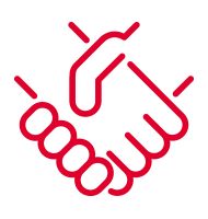 Icon of two hands shaking, in red outline style.