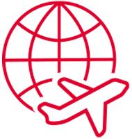 Icon of a globe with an airplane flying around it, in red outline style.