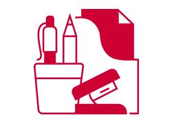 Icon of office supplies, including a stapler, a tape dispenser, and a pair of scissors, in red outline style.