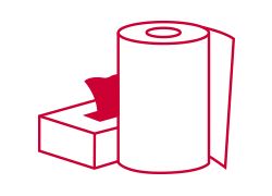 Icon of paper products, including a roll of paper and a stack of napkins, in red outline style.