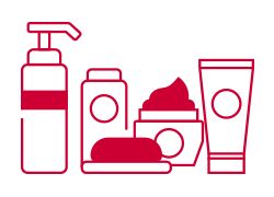 Icon of various personal care products, including lotion and shampoo bottles, in red outline style.