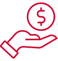 Icon of an open hand holding a coin with a dollar sign, in red outline style.