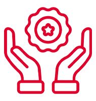Icon of two hands holding a ribbon with a star, in red outline style.