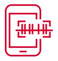 Icon of a barcode scanner reading a barcode on a document, in red outline style.