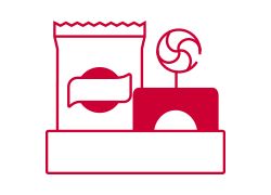Icon of various snack items, including a bag of chips and a lollipop, in red outline style.