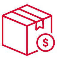 Icon of a package with a dollar sign, in red outline style.