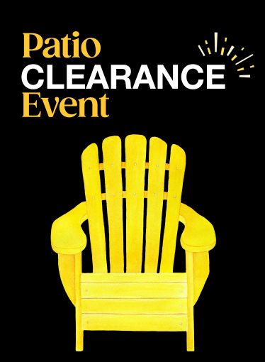 Patio Clearance Event. Yellow Adirondack chair on yellow background.