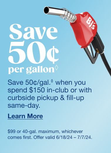 Save 50¢ per gallon.◊ Fill your cart, then your tank. Save 50¢ per gallon◊ on your same-day fill-up when you first spend $150 in-club or with curbside pickup. $99 or 40-gal. maximum, whichever comes first. Offer valid 6/18/24 - 7/7/24. Click here to learn more