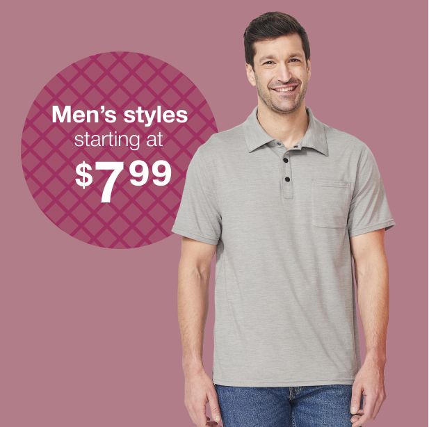 Text: Men's styles starting at $7.99