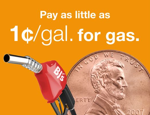 Pay as little as one cent per gallon, gas pump and penny pictured.