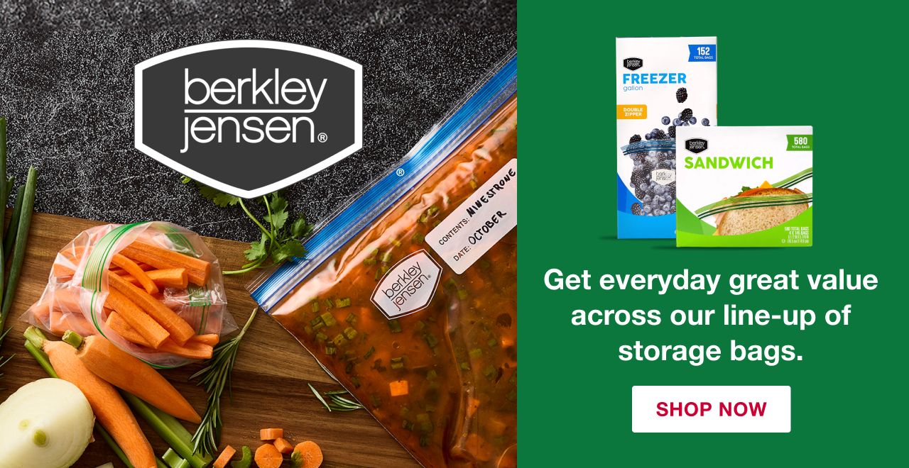 Get everyday great value across our line-up of Berkley Jensen storage bags.