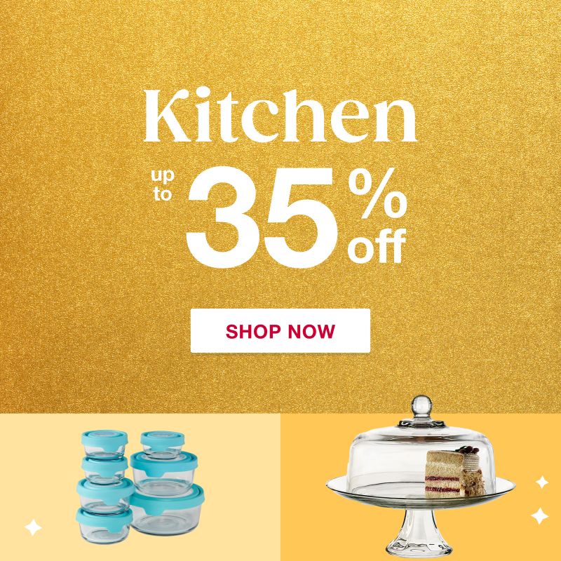 Text: Kitchen up to 35% off. Click to shop now.