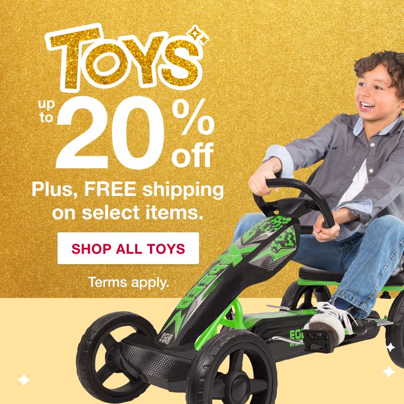 Text: Toys and video games up to 20% off. Plus, FREE shipping on select items. Click to shop now.