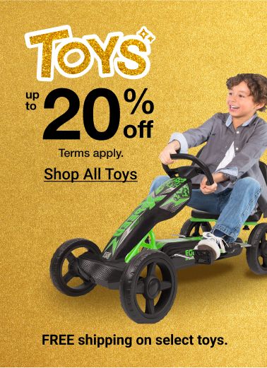 Text: Toys, Up to 20% off. Plus, FREE shipping on select toys. Click to shop all toys.