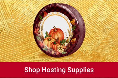 Text: Shop hosting supplies. Image: Thanksgiving disposable plates over a yellow burlap texture.