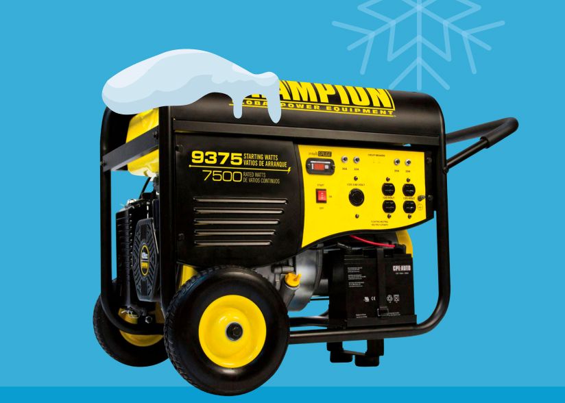 Image: A yellow champion 7500w generator in front of a blue background with snowflakes.